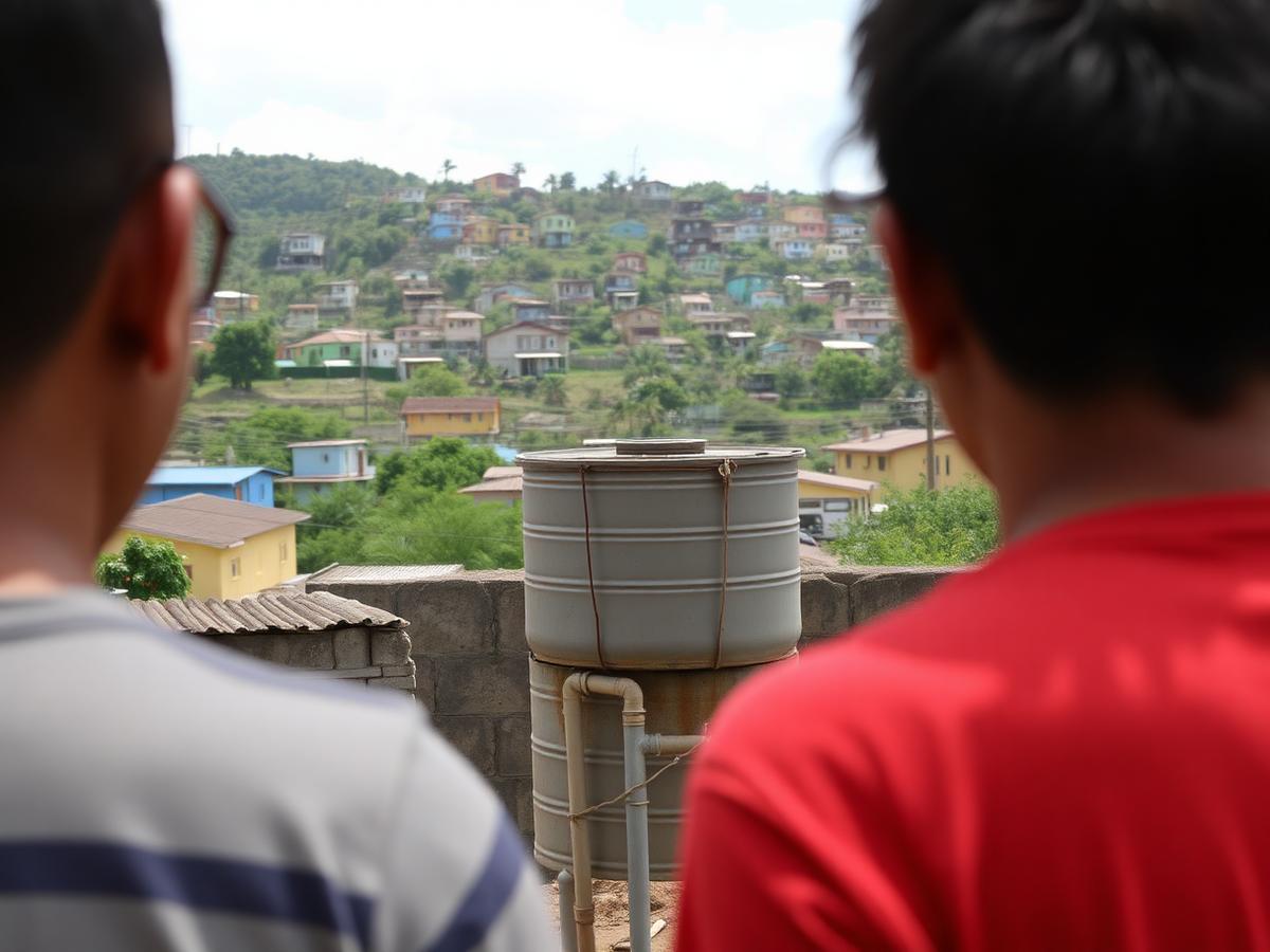 Vecinos manipulando tuberías y tanques de agua durante una jornada comunitaria de reparación, vistos de espaldas y sin rostros visibles