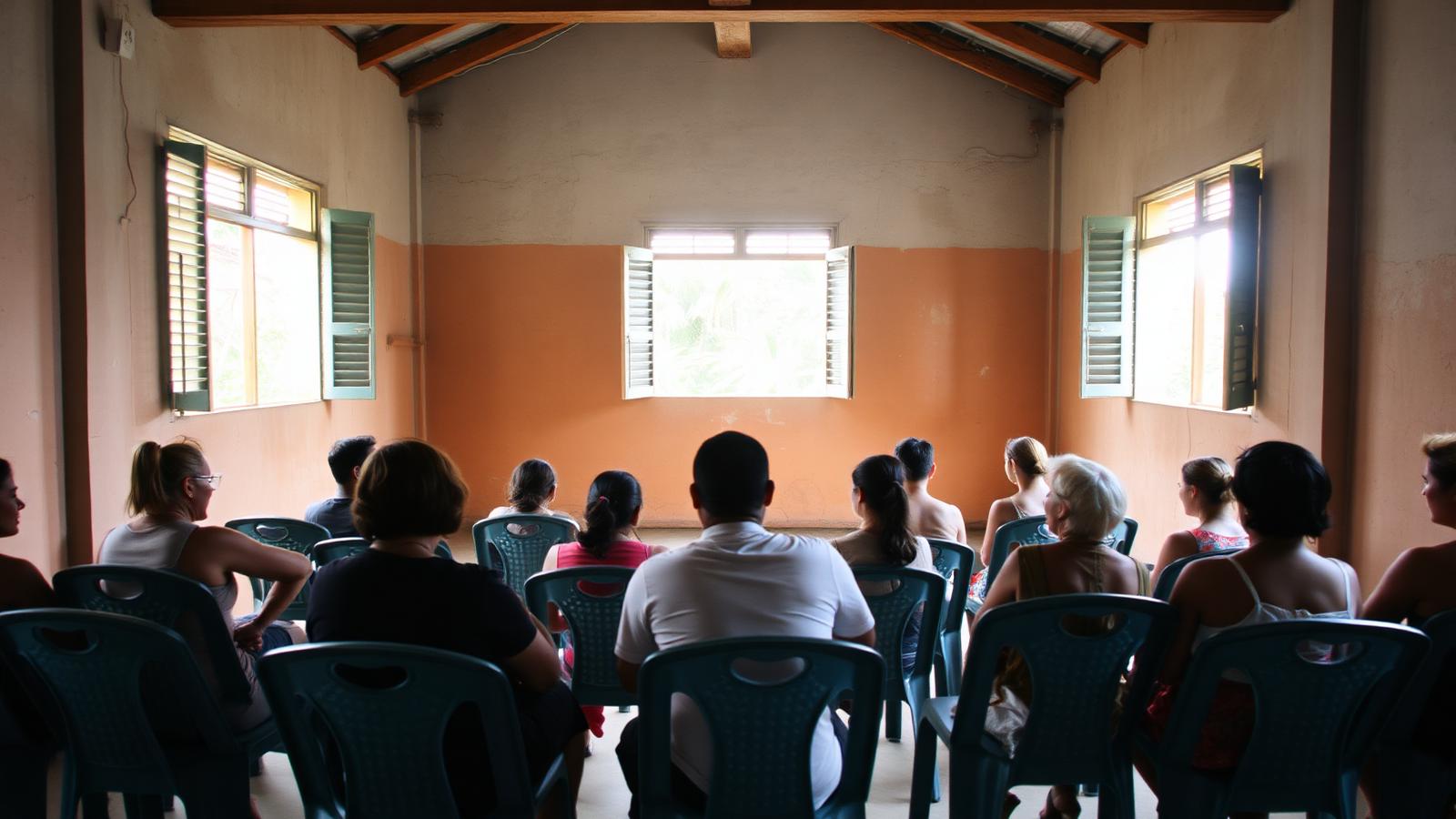 Vecinas y vecinos reunidos en círculo durante una asamblea al aire libre, fotografiados de espaldas y sin rostros visibles, mientras una persona toma nota en un acta