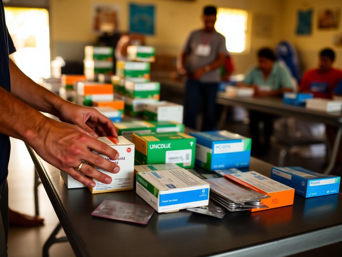 Manos clasificando cajas de medicamentos sobre una mesa de trabajo, sin rostros visibles, junto a un cuaderno de inventario