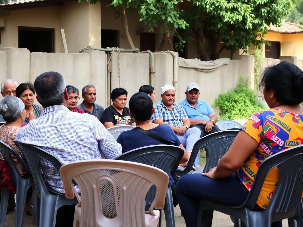 Reunión vecinal al aire libre con personas de distintas edades escuchando
